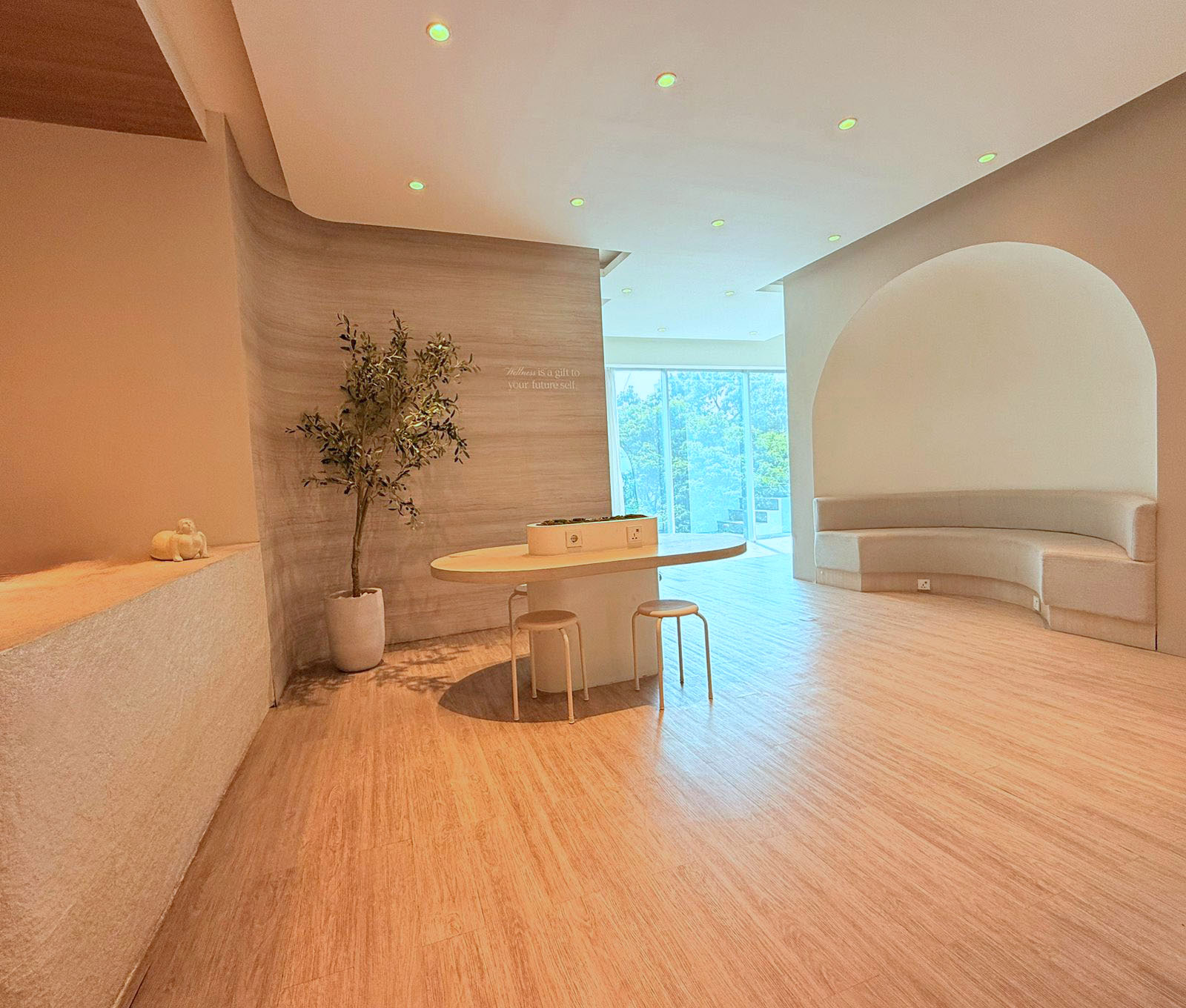 The Lunaya reception lounge with an olive tree and a curved arched seating nook